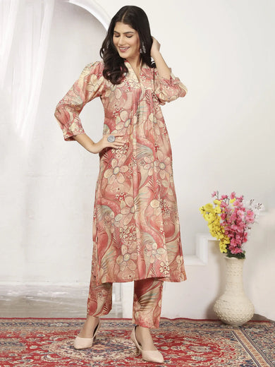 Beautiful Peach Floral Printed Chanderi Traditional Kurti With Pant